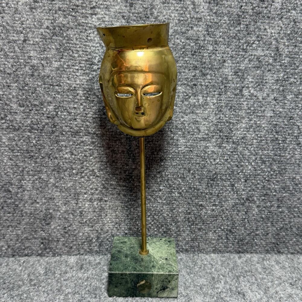 Vintage Brass Asian Mask On Stand Green Marble Base 1960s MCM Style Art 11” Tall